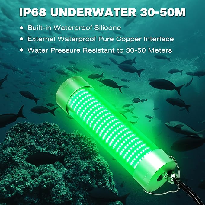 HUSUKU LED Underwater Fishing Light, Green Night Fishing Finder Attractor, IP68 Submersible Boat Lamp for Snook Crappie Squid Shrimp