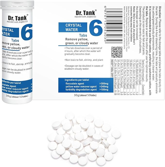 Dr. Tank #6 Crystal Water - Freshwater Aquarium Water Clarifier - Clears Cloudy Water & Debris - Safe for Fish, Shrimp, & Live Aquatic Plants - 50 Tablets