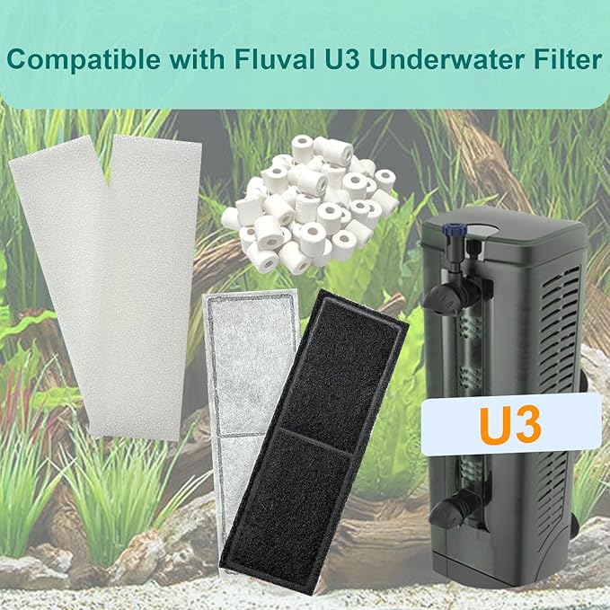 2 Set Aquarium Filter Media Compatible with Fluval U3 Underwater Filter, Include 4 Carbon Foam Filter Pads, 4 Sponge Filters and 1 Ceramic Ring, Fit for Freshwater and Saltwater Aquariums