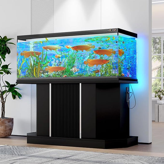 55-75 Gallon Fish Tank Stand with Power Outlet, Heavy Duty Farmhouse Fish Tank Stand, Sturdy Reptile and Terrarium Stand with Cabinet Storage, 4 AC 2 USB Ports, Black Pannel, Aquarium Not Included