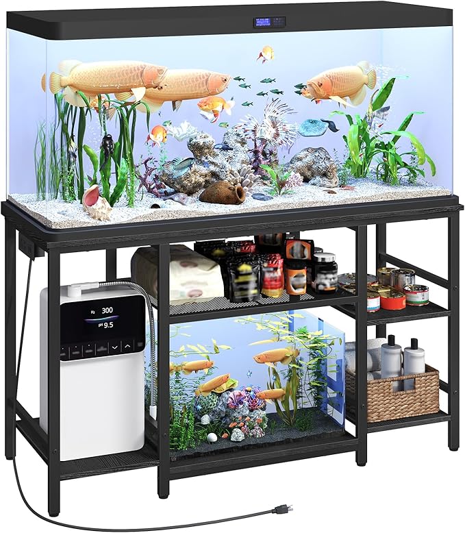 MAHANCRIS 55-75 Gallon Fish Tank Stand with Power Outlet, 3-Tier Metal Frame Aquarium Stand, Heavy Duty Reptile Terrarium Tank Stand, 52.0" L x 19.7" W x 29.9" H, 800 LBS Capacity, Black FTBK55E01