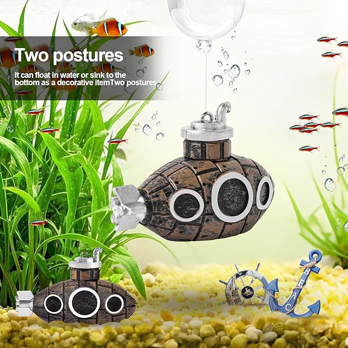 CousDUoBe 2.1 in Mini Floating Submarine Fish Tank Decoration Set，Cute Retro Submarine Set and Floating Diver,Aquarium Decorations Resinous Betta Fish Tank Accessories