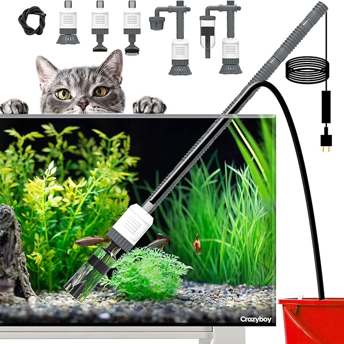 Aquarium Gravel Cleaner Fish Tank Vacuum - 6-in-1 Automatic Removable Vacuum Electric Tool , 30W Strong Suction Electric Cleaner with Adjustable Motor for Efficient Water Change & Cleaning.(Grey)
