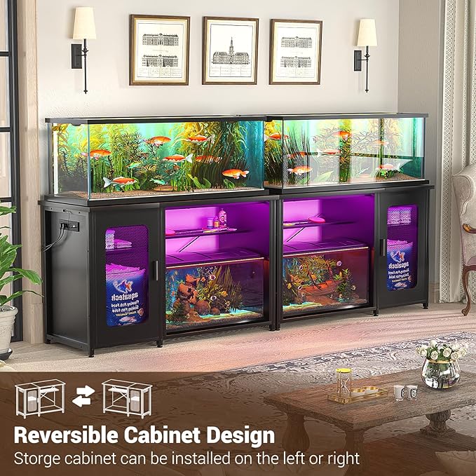 Unikito 55-75 Gallon Aquarium Stand with Power Outlets & LED Light, Reversible Fish Tank Stand with Cabinet for Fish Tank Accessories Storage, Heavy Duty Metal Frame, 880LBS Capacity, Black