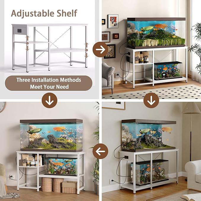 BEURUKU 55-75 Gallon Fish Tank Stand with Power Outlet & LED Light, Metal Aquarium Stand with 3 Tier Adjustable Storage Shelves, Tank Stand for Reptile Tank, Turtle Tank, 52" L*19.5" W, White
