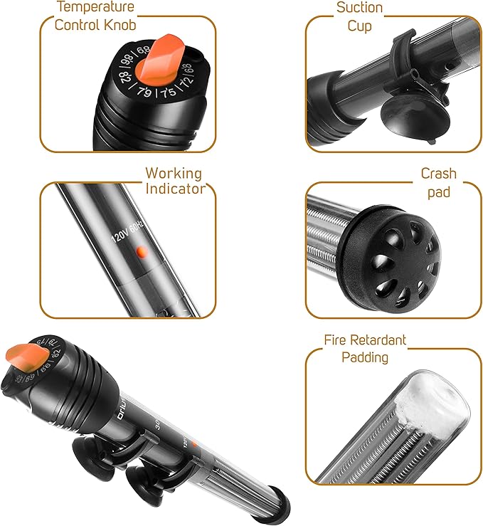 Orlushy Submersible Aquarium Heater, Adjustable Fish Tahk Heater with Free Thermometer Suitable for Marine Saltwater and Freshwater
