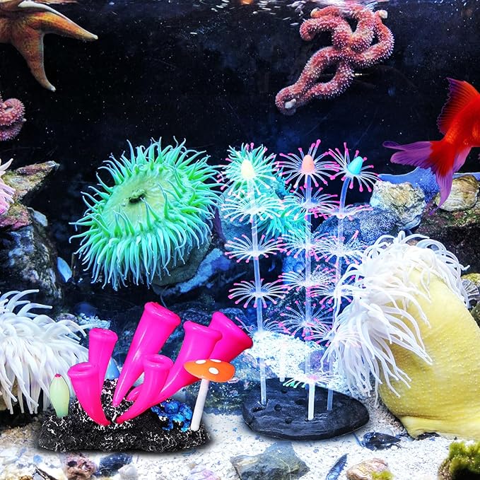 POPETPOP Glow in the Dark Fish Tank Decorations 2Pcs Artificial Coral Ornaments Silicone Aquarium Plants for Reef Decor 3.46X3.34X2.16In Safe Non-Toxic Aquarium Glow Decorations