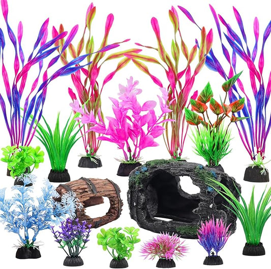 QUOZUO 16 Pcs Aquarium Artificial Plastic Plants Decorations and Broken Barrels Set, Colorful Fish Tank Accessories Hideout Ornaments Aquarium Decor Set