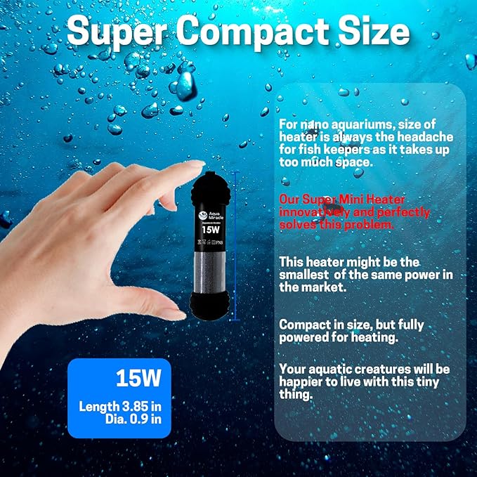AquaMiracle Upgraded 15W Small Aquarium Heater Fish Tank Heater Turtle Heater Super Mini Aquarium Heater, Dry-Run/Overheating Protection and Memory Function, Dual LED Display, for 1-3 Gal Tanks