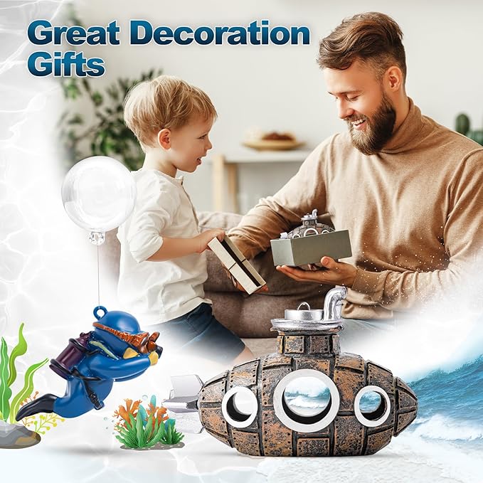 CousDUoBe New Upgrade Floating Fish Tank Decoration, Cute Retro Submarine Set and Floating Diver,Three Float Balls, Aquarium Decorations Resinous Betta Fish Tank Accessories