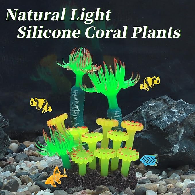 Aquarium Coral, Luminous Fish Tank Ornaments, Silicone Aquarium Plants, Fish Tank Coral, Fake Coral for Fish Landscape Decoration Aquarium Ornaments, Green Yellow