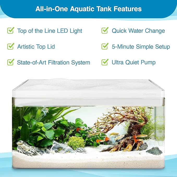 Harmony 8 Gallon All-in-One Aquarium Kit, Award-Winning Fish Tank with Lid, Integrated Filtration, LED Light, Low-Iron Glass, White Tank with White Top