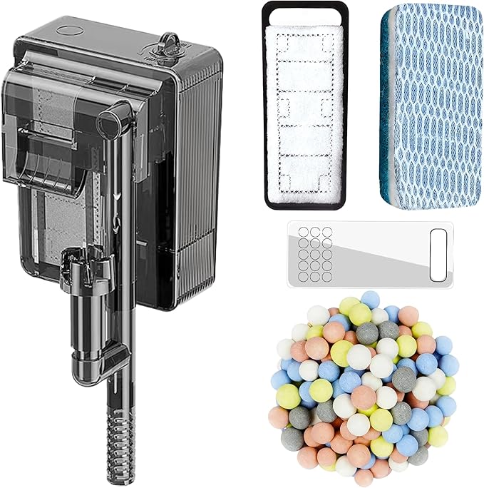 Aquarium Filter, Quiet Fish Tank HOB Filters for up to 5 Gallon Aquariums, 300L/H Adjustable Flow, with Filter Media