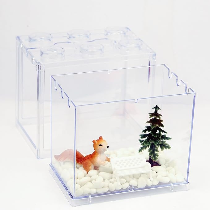 Small Sea Monkey Tank, Stackable Mini Betta Fish Tank Tinny Aquarium Kit with Aquarium Gravel, Moss Ball Tank Shrimp Tank 0.27 Gallon Acrylic Cube Fish Bowl for Shrimp Snails