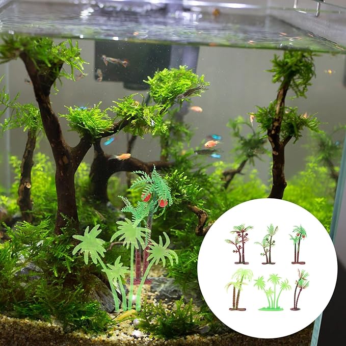 Simulation Coconut Tree Decoration 72pcs Set, Mini Plastic Aquarium Adornment, Green Faux Palm Tree for Fish Tank Landscape and Sand Table Decoration