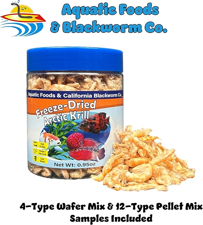 Arctic Krill, Freeze Dried Krill, High in Natural Color Enhancing for Large Cichlids, Tropical Fish, Koi, Turtles, 12-Type Pellet Mix & 4-Type Wafer Mix Included 0.95oz Canister