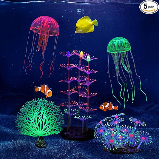 Lpraer 5 Packs Glow Aquarium Decorations Branch Coral Tree Glowing Jellyfish Simulation Glow Plant Glowing Effect Silicone for Fish Tank Decorations