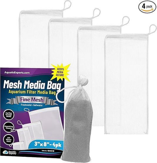 Aquatic Experts Fine Aquarium Media Bag, Durable Drawstring Bags for Fish Tank Filters, 450 Micron Mesh, (Fine, 3"x 8" - 4 Pack)