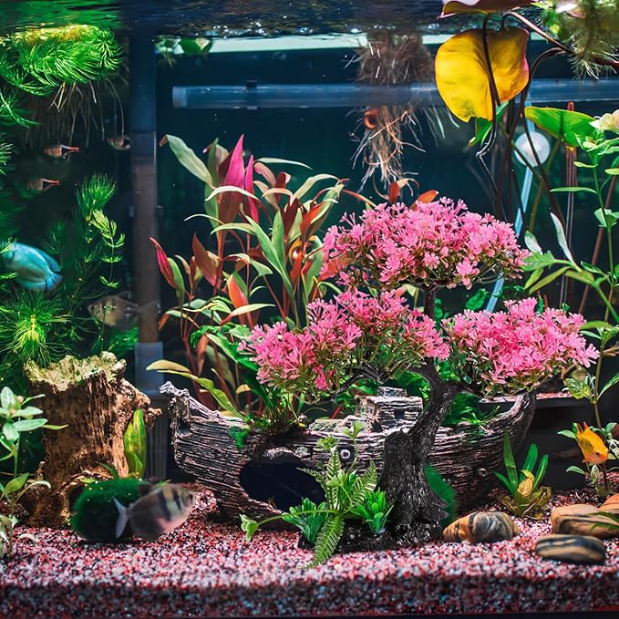 Plastic Aquarium Plants for Fish Tank, Realistic Cherry Blossom Tree & Green Water Grass, Safe for Your Aquatic Pets and Water Quality, Lifelike Artificial Plants for Nature Underwater Landscape