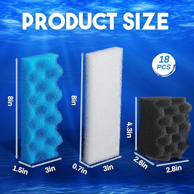 Threlaco 18 Pcs Compatible with 306/307 Bio Sponge Set Compatible with Aquarium Filters Including Blue White Black Bio Sponge for Replacement Filter Media Kit