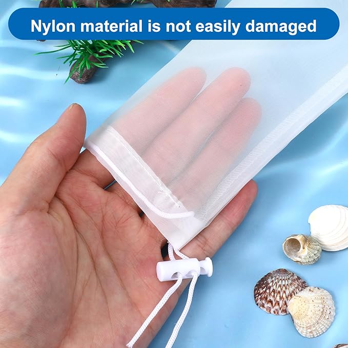 4 Pcs Aquarium Filter Media Bags with Drawstring, 150 μm Extra Fine Drawstring Filter Bags Nylon Media Bags for Fish Tank Aquarium, 8" x 3" (White)