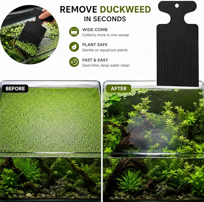 Aquarium Duckweed Removal Tool, 6.5 x 3 inch Floating Plant Comb Spatula, Aquatic Tank Cleaning Tool (Black)