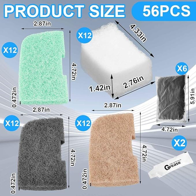 Threlaco 56 Pcs Aquarium Filter Media Compatible with Fluval 306/307/406/407, 36 Ammonia Phosphate & Nitrite Remover Pads, 6 Activated Carbon, 12 Polishing Pads, 2 Silicone Lubricant