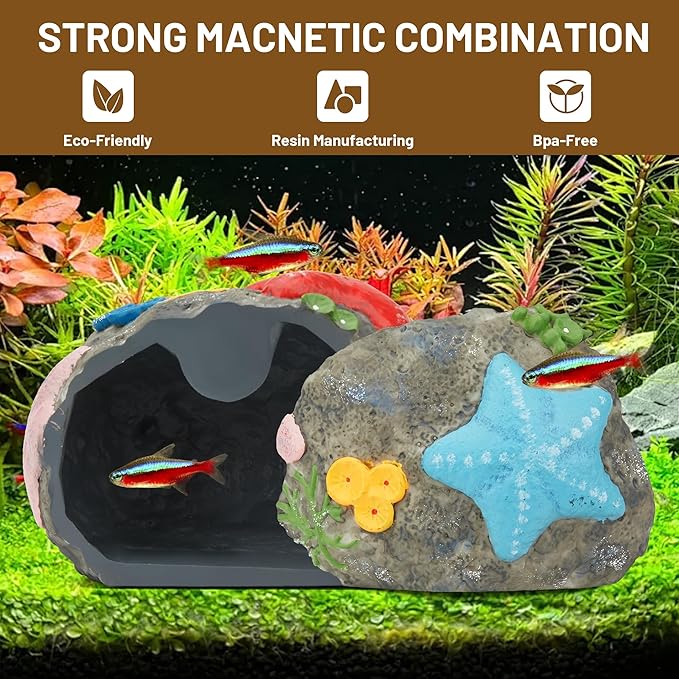 Upgraded Magnetic Detachable Aquarium Hideaway Coral Rock Cave to Check Your Aquatic Pets to Breed, Play and Rest Safe and Non-Toxic Resin Fish Tank Viewing Hideout Ornaments