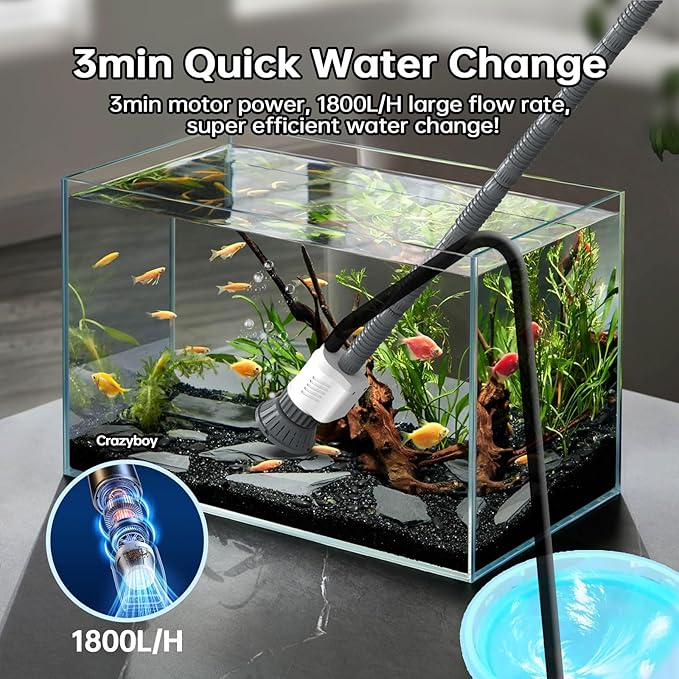 Aquarium Gravel Cleaner Fish Tank Vacuum - 6-in-1 Automatic Removable Vacuum Electric Tool , 30W Strong Suction Electric Cleaner with Adjustable Motor for Efficient Water Change & Cleaning.(Grey)