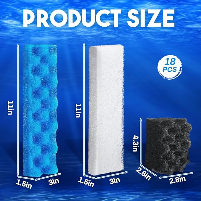 Threlaco 18 Pcs Bio Sponge Set Compatible with Fluval 406/407 Aquarium Filters Compatible with Aquarium Filters Including Blue White Black Bio Sponge for Replacement Filter Media Kit