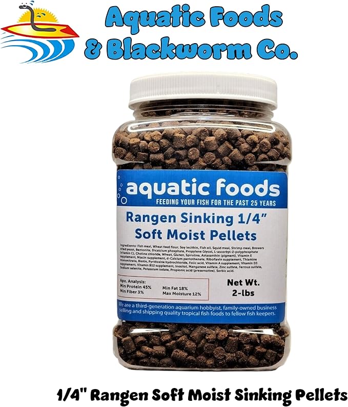 1/4" Soft Moist Sinking Salmon Pellets for Adult Axolotls, Shrimp, Snails, Crabs, Small Amphibians, Bottom Tropical Fish ...2-lb Med Jar