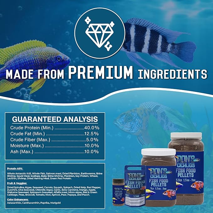 RON'S CICHLIDS African Cichlid Fish Food, Premium Tropical Fish Food Pellets with Protein, Veggies & Fruits for Healthier, Brighter & Bigger Tropical Fish & Cleaner Tanks, Mbuna Blend, 12 OZ
