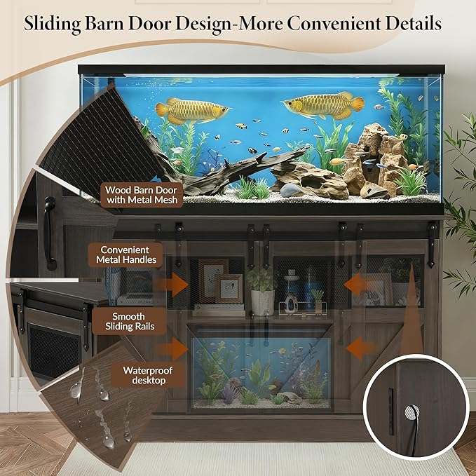 TITIMO 55-75 Gallon Fish Tank Stand with Power Outlet, Heavy Duty Large Aquarium Stand with Sliding Barn Door and Cabinet Storage for 2 Fish Tank Turtle Tank Reptile Terrarium, 1300LBS Capacity(Gray)