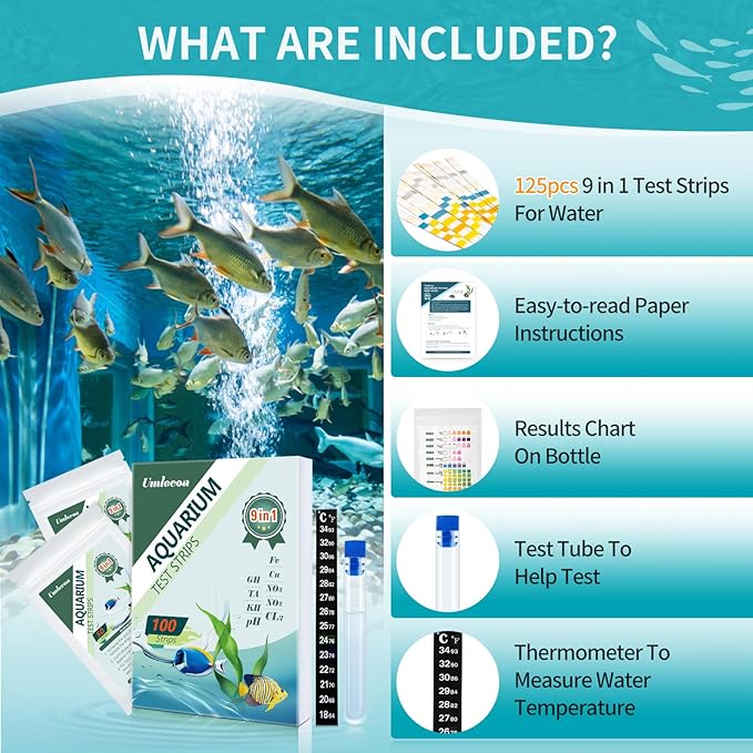 Umlecoa 9 in 1 Aquarium Test Kit for Freshwater and Saltwater - 100 Aquarium Test Strips with Test Tube & Thermometer - Fast & Accurate Water Testing Strips for Aquarium/Pond/Pool