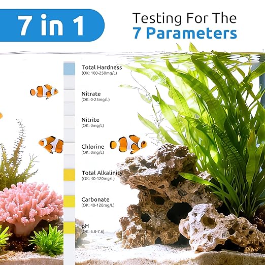 SEAOURA 7-in-1 Aquarium Water Test Strips (65 Strips), Accurate pH, Nitrate, Nitrite, Chlorine, Hardness，Alkalinity，Carbonate Testing for Freshwater & Saltwater Fish Tank, Pond, Betta, Turtle Tank