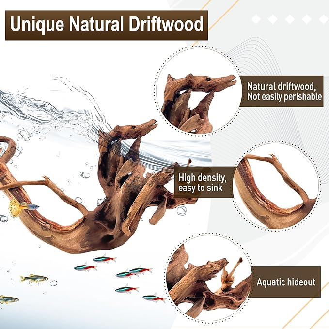 Kaiyuan Dynasty Natural Driftwood for Aquarium Sinkable Driftwood for Reptile Terrariums Fish Tank Decorations 12-16",About 1.5 lbs