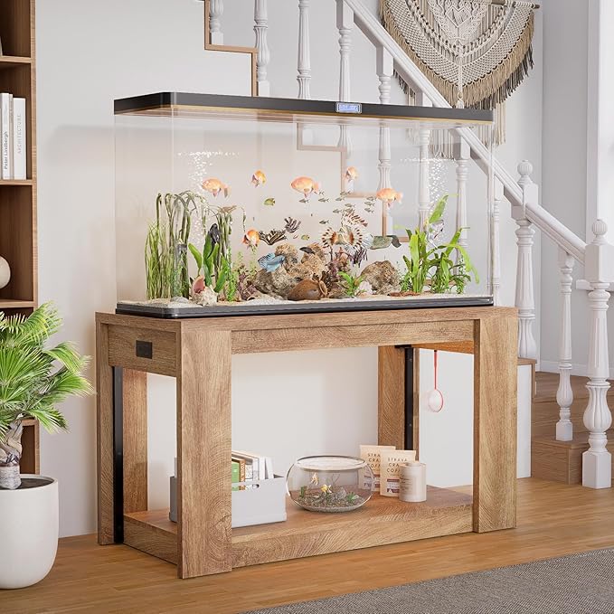 Farmhouse 75–120 Gallon Aquarium Stand for Fish or Reptile Tank, 48"x24" Tabletop Terrarium Stand with Power Outlet and Storage Shelves, Natural Brown Fish Tank Stand, 1500LBS Capacity