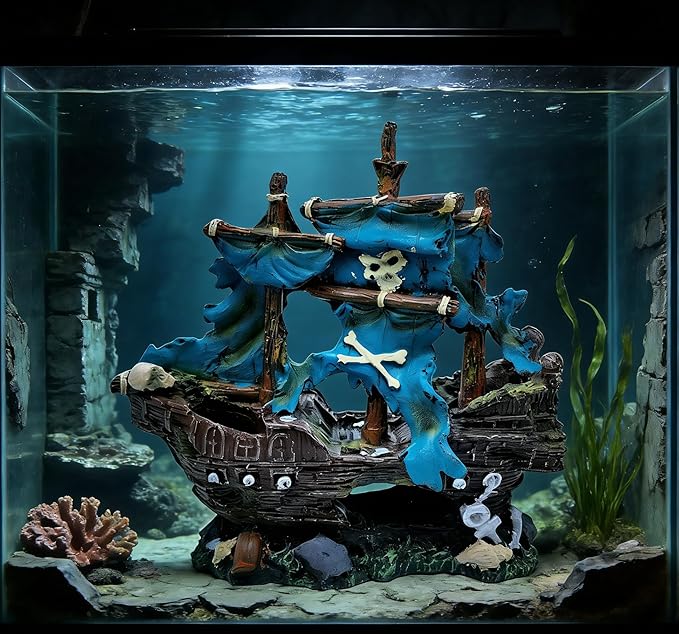 M2cbridge Antique Roman Column Ruins European Castle Aquarium Decorations Fish Tank Hideout Rocks (Blue Pirate Shipwreck)