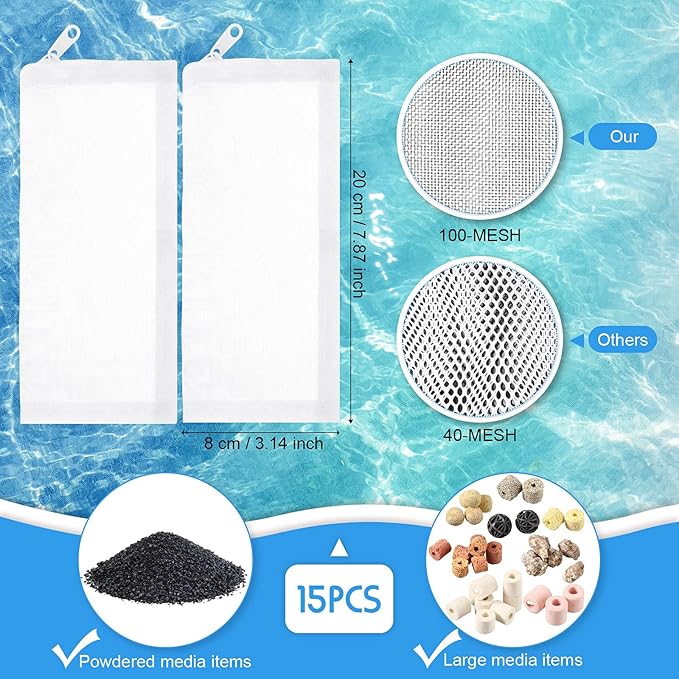 Geiserailie 15 Pcs Aquarium Filter Media Bags 150 Micrometer Fine Filter Bags Mesh Reusable with Zipper for Activated Carbon Resins (3.1 x 7.9 Inch)