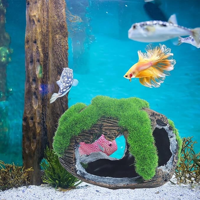RUIAN Broken Barrel Fish Hide Cave - Resin Aquarium Ornament Decor with Holes for Betta, Shrimp, Cichlids to Hide, Play and Breed - Green Fish Tank Accessories Decorations