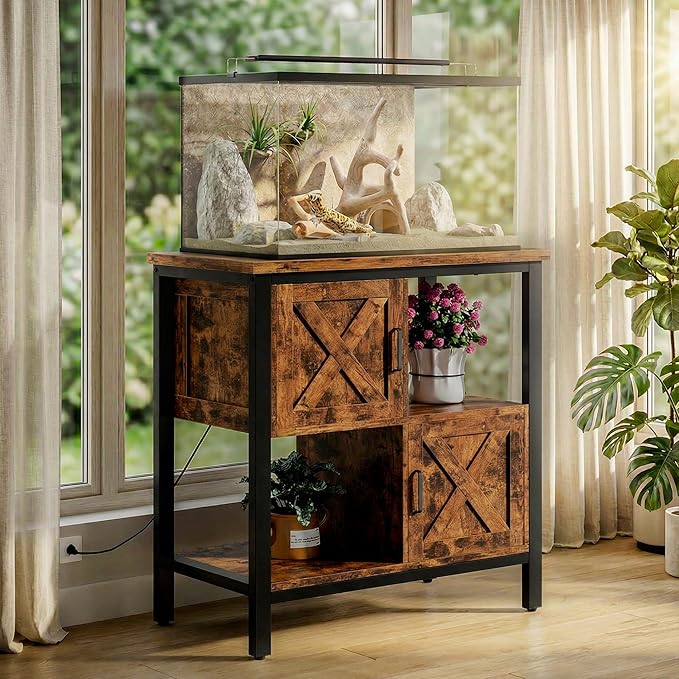 20-29 Gallon Fish Tank Stand with Power Outlet, Farmhouse Aquarium Stand with 2 Cabinets, 20 Gallon Fish Stand with 4 Adjustable Legs, 16.5" L*30.7" W Tabletop (Brown)