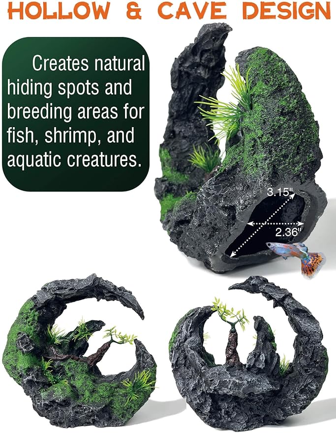 Aquarium Decor - Large Moon Shaped Cave Ornament for Fish Tank, Aquarium Hideout with Rock Texture for Betta, Goldfish, Shrimp - Safe Aquatic Decorations,Easy Superior Aquascape (Moon Valley)