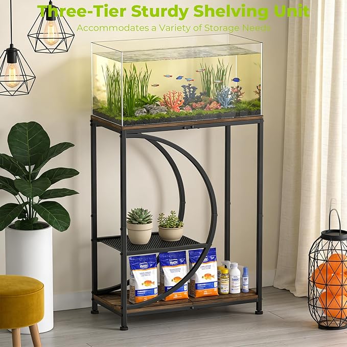 10 Gallon Fish Tank Stand, Aquarium Stand with Smooth Wood Board and Matte Black Iron Frame, Heavy Duty Sturdy Design for Home Office Use, Black (Tank not Included)