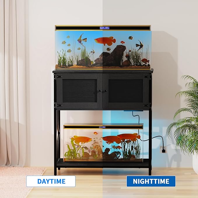 20-29 Gallon Aquarium Stand with Power Outlets & LED Light, 330LBS Capacity, Metal Frame Fish Tank Stand with Cabinet Accessories Storage for Reptile Tank, 30.7" L*15.7" W Tabletop, Black