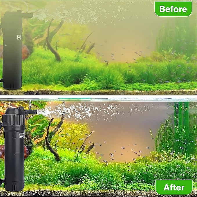 hygger 4-in-1 Submersible U-V Filter Pump, Internal Green Water Killer with Timer, 210GPH 8W Adjustable Fish Tank Filter, Increase Oxygen for 40-80 Gallon Aquarium Tank