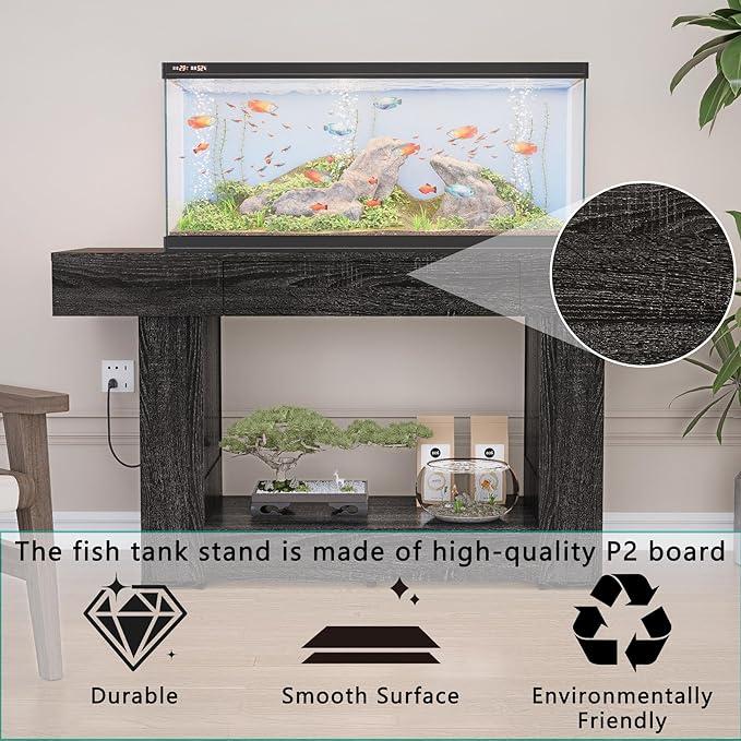 55–75/90 Gallon Aquarium Stand, Heavy Duty Fish Tank Stand for Turtle,Reptile&Amphibians,MDF Board Tabletop with Drawer&Power Outlet,Reinforced Metal Frame Upload 1000LBS Black Wood