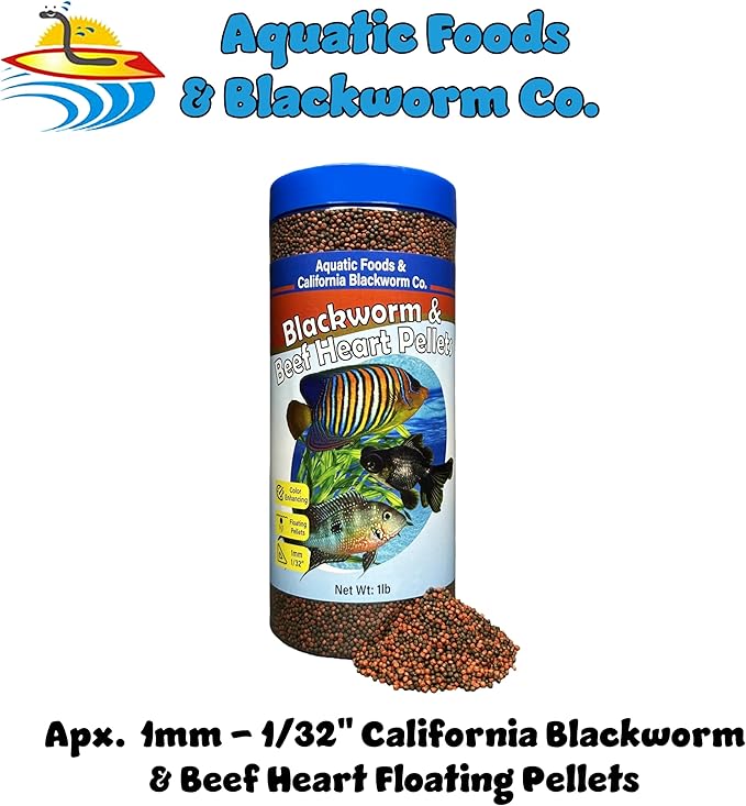 1mm -1/32" California Blackworm & Beef Heart Floating Pellets for Marines, Cichlids, Tropical Fish, Koi & Pond Fish, 4-Type Wafer & 12-Type Pellet Mix Included...1-lb Canister