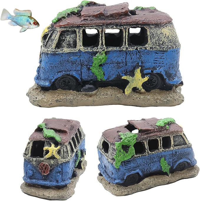 Colorful Resin Fish Tank Ornament with Multiple Hiding Spots, Safe Shelter for Small and Medium Aquariums, Stress-Relief Underwater Decor, Easy to Clean (Old Bus)