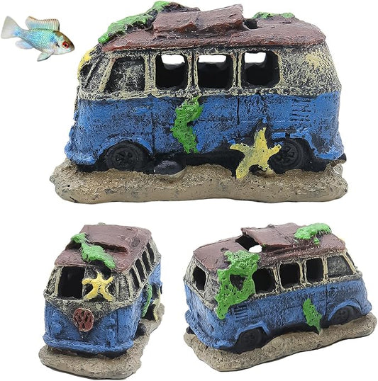 Colorful Resin Fish Tank Ornament with Multiple Hiding Spots, Safe Shelter for Small and Medium Aquariums, Stress-Relief Underwater Decor, Easy to Clean (Old Bus)