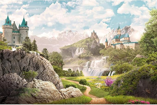 Mountain Waterfall Aquarium Background Rocky Mountains Cascading Falls Fish Tank Background Fantasy Castle Foggy Blue Sky Reptile Tank Backgrounds Meadow Flowers Reptile Enclosure Backgrounds 72x16in